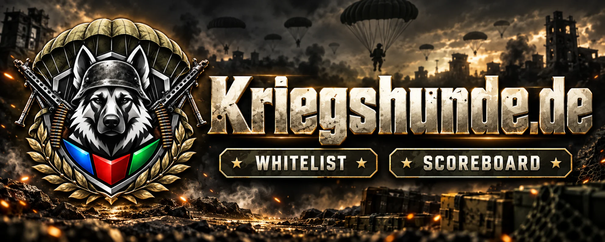 Kriegshunde.de – Wolfemblem vor einer WARDOGS-Schlachtlandschaft